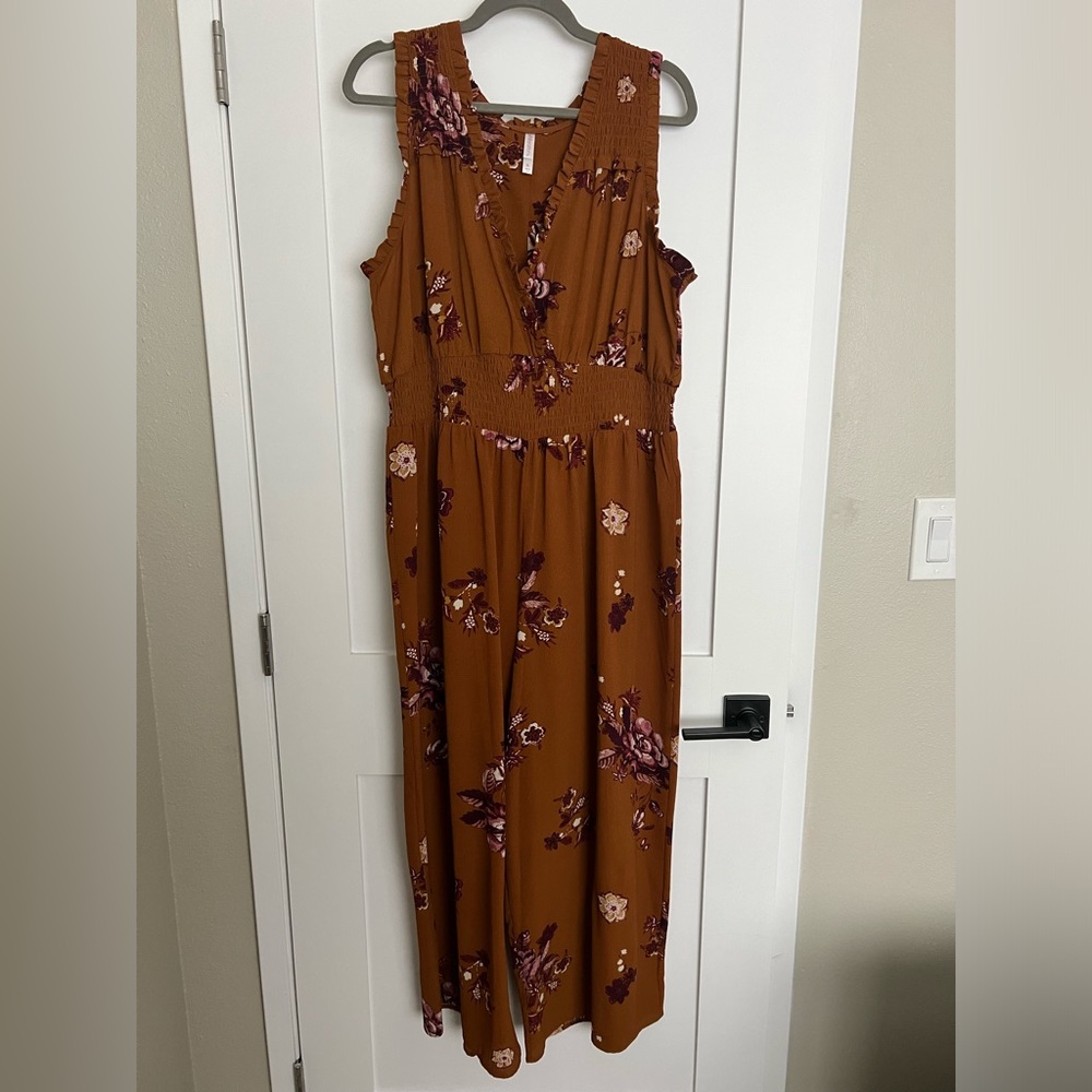 xhilaration rust floral vneck sleeveless jumpsuit